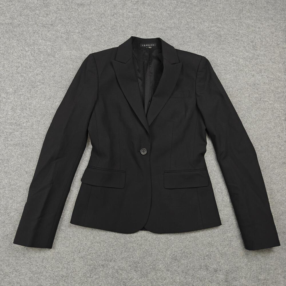 Theory Blazer Womens 2 Black One Button Lined Tailored Stretch Jacket Workwear
